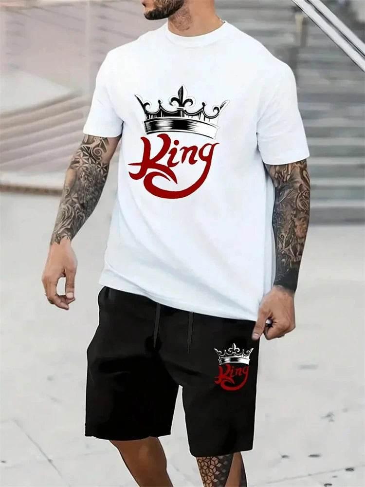New Men's Short Sleeve Shorts Set Fashion King Printed T-Shirt - Empire P.E