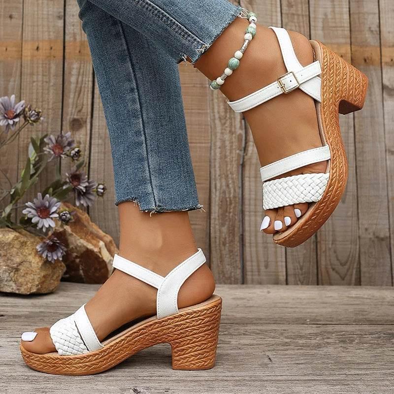 Lucyever Braided High Heels Sandals Women 2025 Summer Pu Leather Platform Gladiator Shoes Woman Ankle Buckle Thick Heel Sandles - Empire P.E