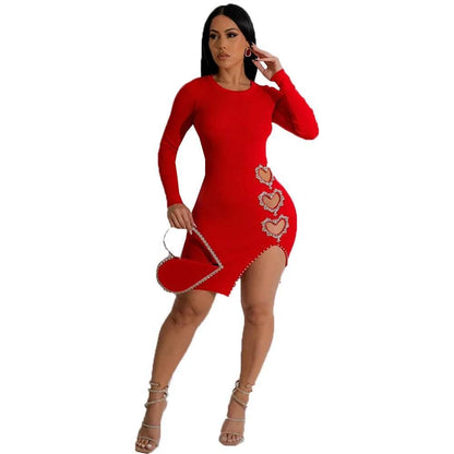 Spring Summer New Women's Solid Color Hollowed Heart Shape Rhinestone round Neck Long Sleeve Mini Skirt - Empire P.E