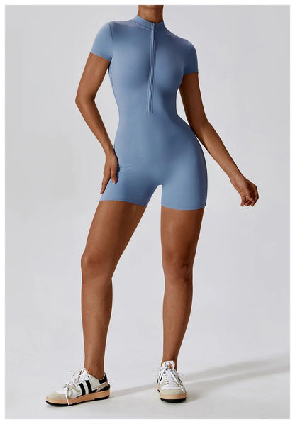 Yoga Set Women's One-Piece Suit Zipper Short Sleeve Gym Push Up Workout Clothes Fitness Short Bodysuit Sportswear Jumpsuits - Empire P.E