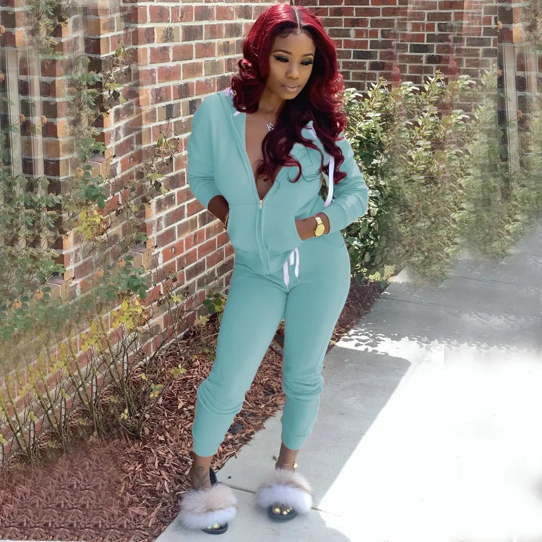2 Pieces Set Women Fall Hot Style Pure Color Fleece two piece set - Empire P.E