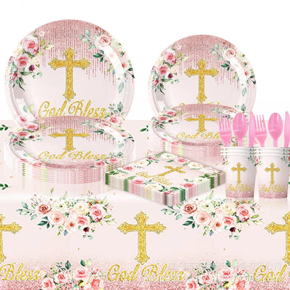 10Guests Pink Cross Baby Communion Party Supplies Flower God Bless Tableware Paper Plates Cups Baptismal Party Decor Baby Shower