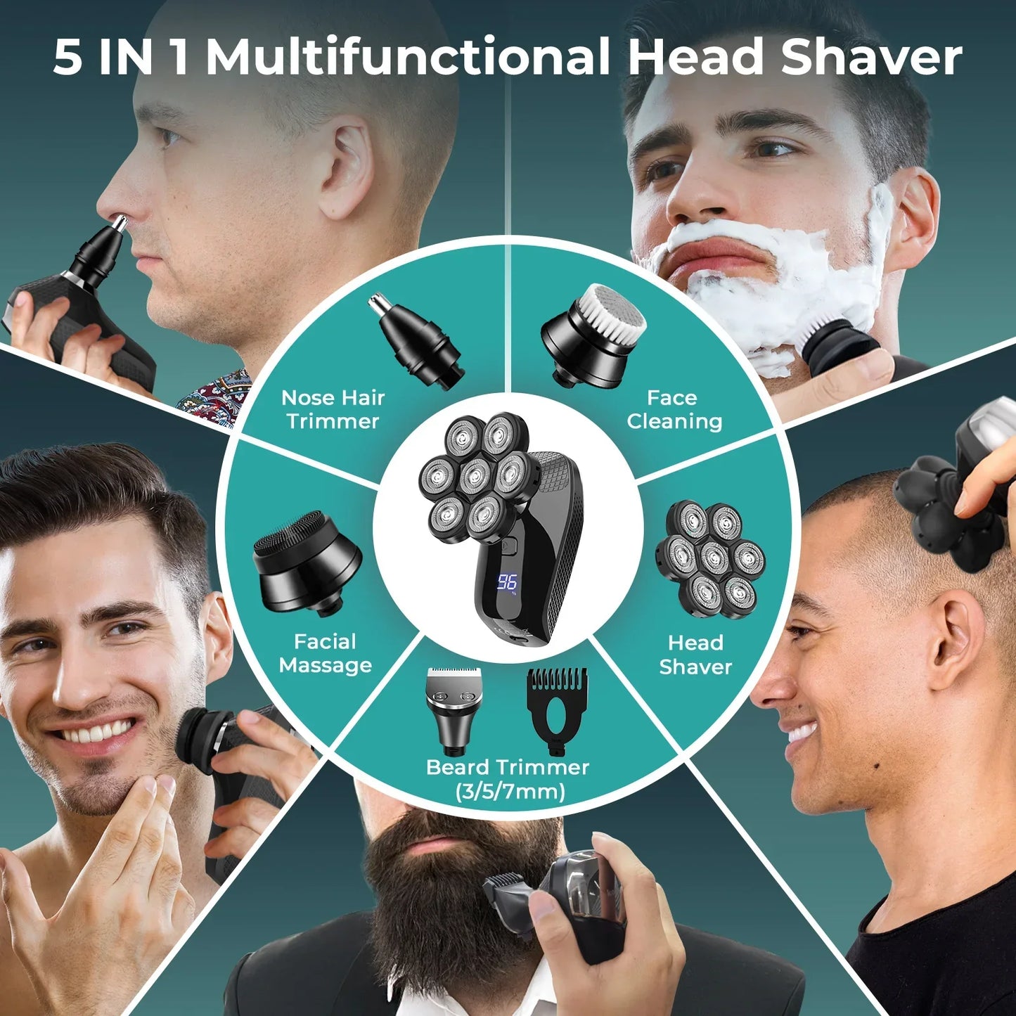 Kensen 5 In 1 Electric Shaver 7D Floating Cutter Head Rechargeable Shaver Kit For Men IPX6 Waterproof Beard Trimmer head shavers - Empire P.E