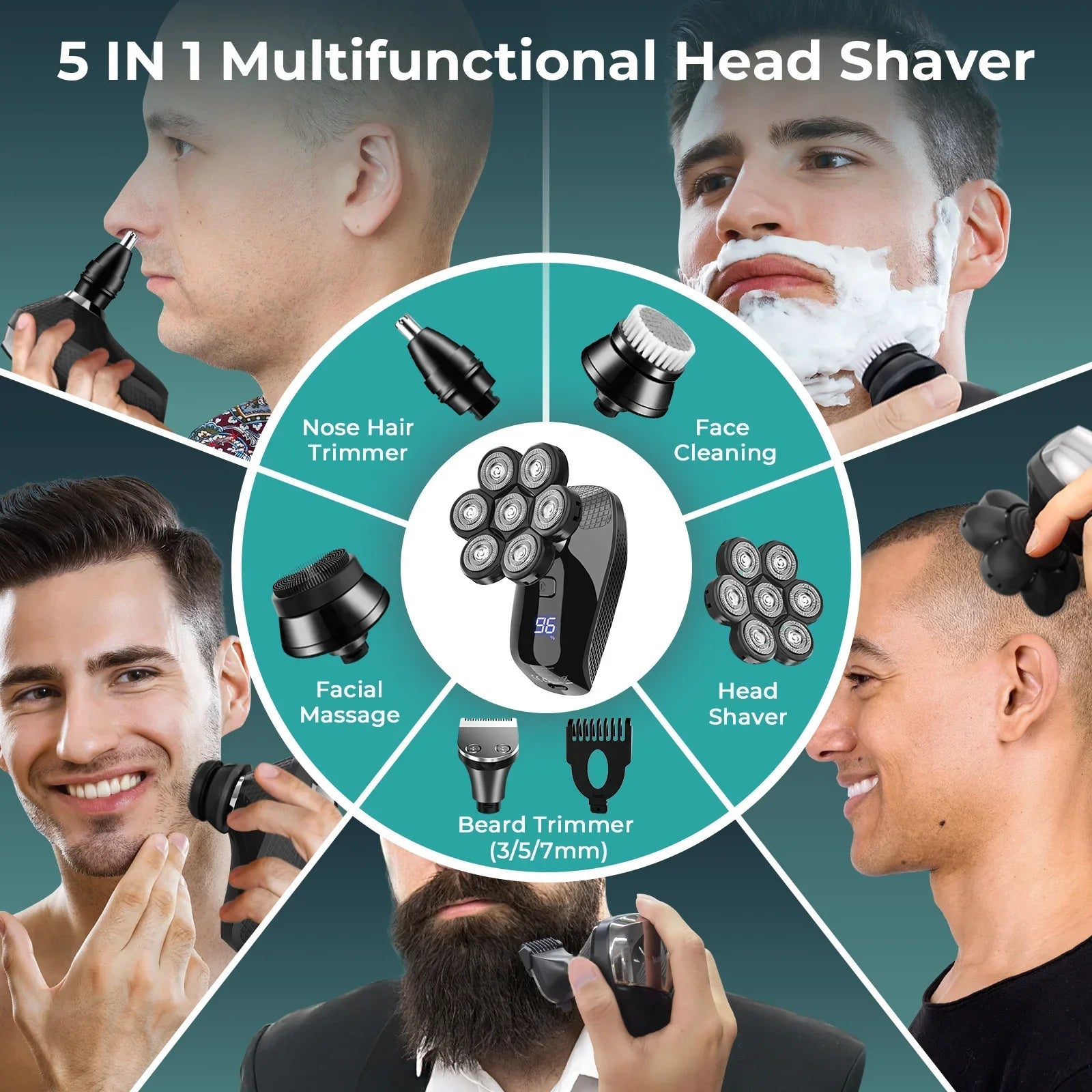 Kensen 5 In 1 Electric Shaver 7D Floating Cutter Head Rechargeable Shaver Kit For Men IPX6 Waterproof Beard Trimmer head shavers - Empire P.E