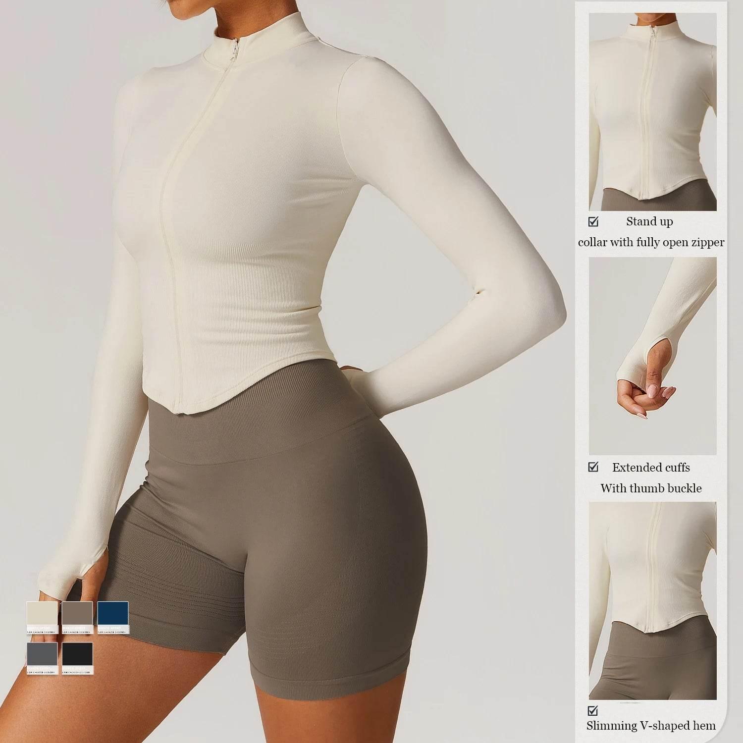 Women Seamless Zipper Jacket Yoga Long Sleeved Gym Top Ribbed Yoga Stand Collar Jacket Running Workout Sport Coat Women's Shirts - Empire P.E
