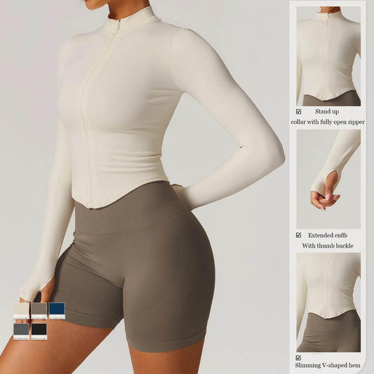 Women Seamless Zipper Jacket Yoga Long Sleeved Gym Top Ribbed Yoga Stand Collar Jacket Running Workout Sport Coat Women's Shirts - Empire P.E