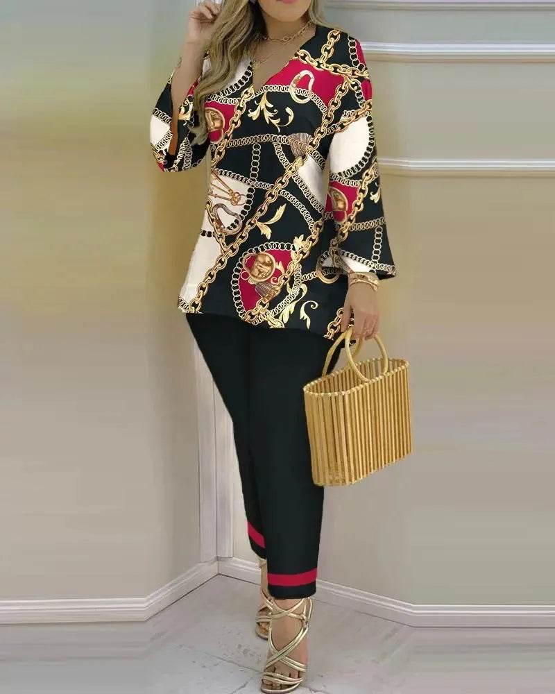 Women Print V Neck Tops Pant Sets Full Sleeve Pullover Two Piece Suit Elastic Waist Trousers Splice Shirts Autumn Regular Fit - Empire P.E