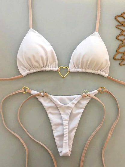 Metal Heart-shaped Halter Mini Micro Thong Bikini