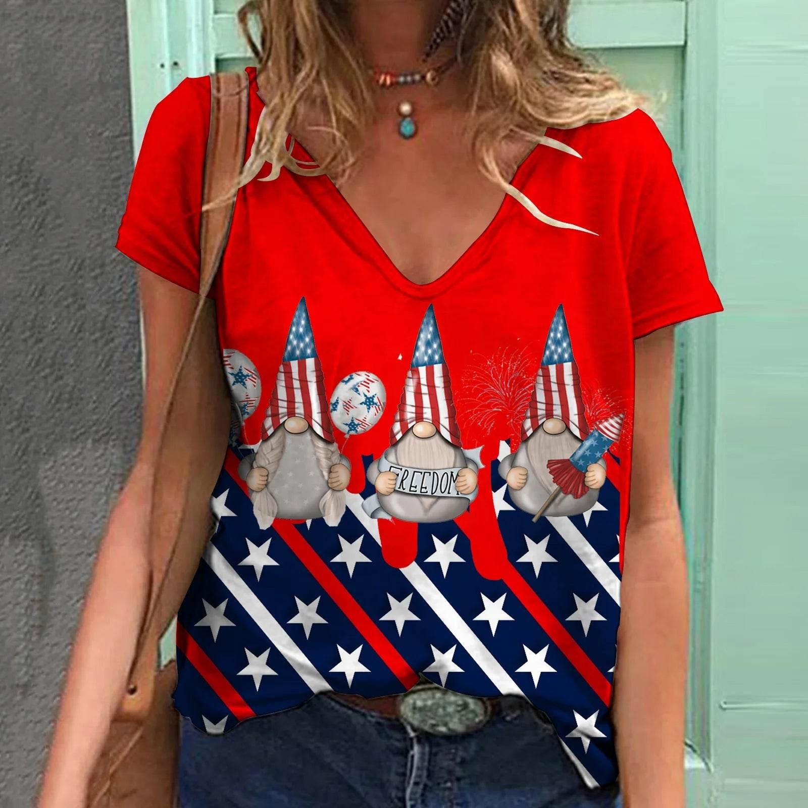 Fashion Women's T Shirt USA Flag Print Harajuku T-shirt Summer 2023 Top Kawaii Tees V Neck Pluse Size American Lady Y2k Clothing - Empire P.E