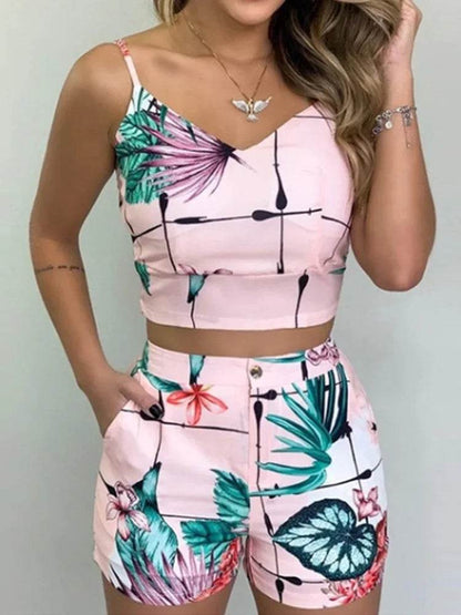 Print Spaghetti Strap Crop Top & Short Sets - Empire P.E