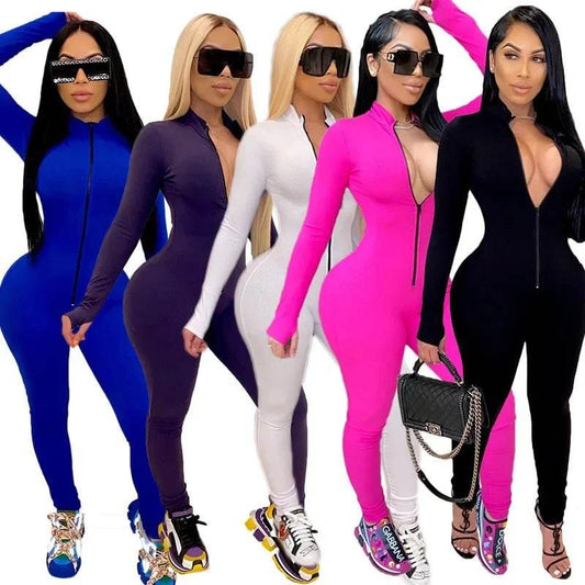 Sexy Solid Color Long Sleeve Deep V Bodycon Rompers Womens Jumpsuit Sport Suit Fashion Zip Up Long Pants Overalls Fitness Set - Empire P.E