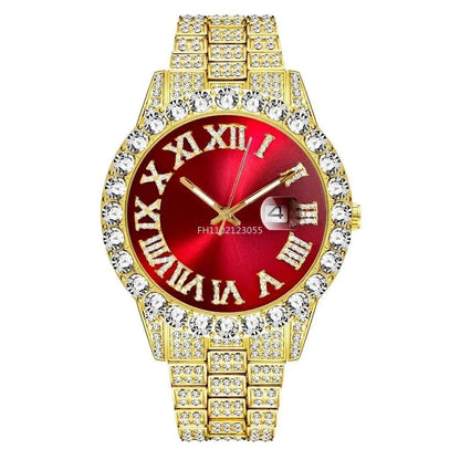 Watch Bracelet Set Hip Hop Stainless Steel Gold Color Calendar Watch for Men Iced Out Paved Rhinestones Men Watch Reloj Hombre - Empire P.E