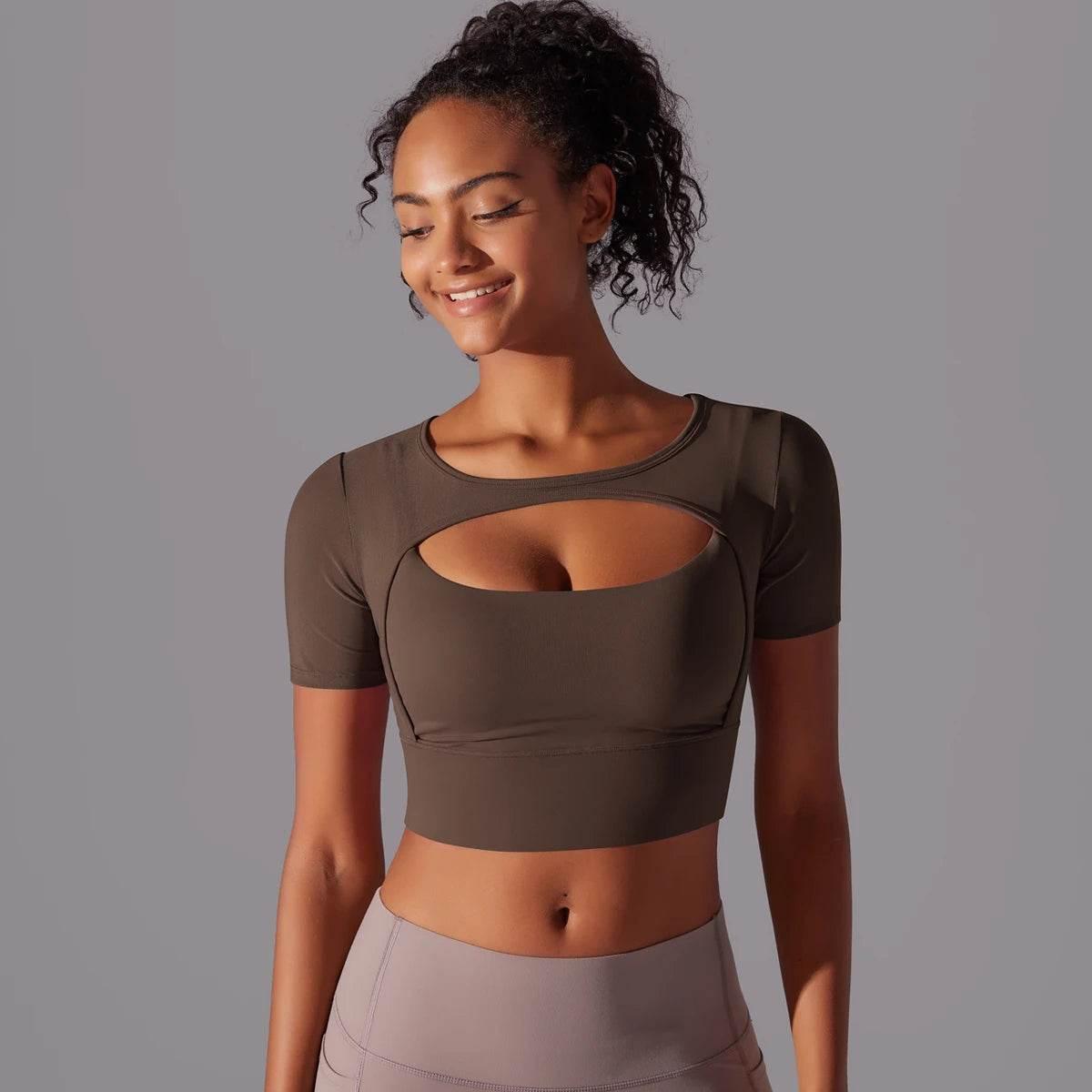 Solid Color Yoga Short Sleeve Sexy Double Layer Yoga Tank Top Spliced Mesh Yoga Clothing Top Fitness Running Sports Bra Women - Empire P.E
