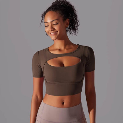 Solid Color Yoga Short Sleeve Sexy Double Layer Yoga Tank Top Spliced Mesh Yoga Clothing Top Fitness Running Sports Bra Women - Empire P.E