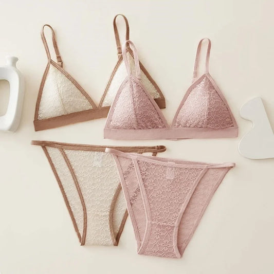 Women Lace Bra And Panties Set Non-wire Bralette Low Waist Panties Transparent Panty Sexy Lingerie 1/3 Cup Underwear Set - Empire P.E