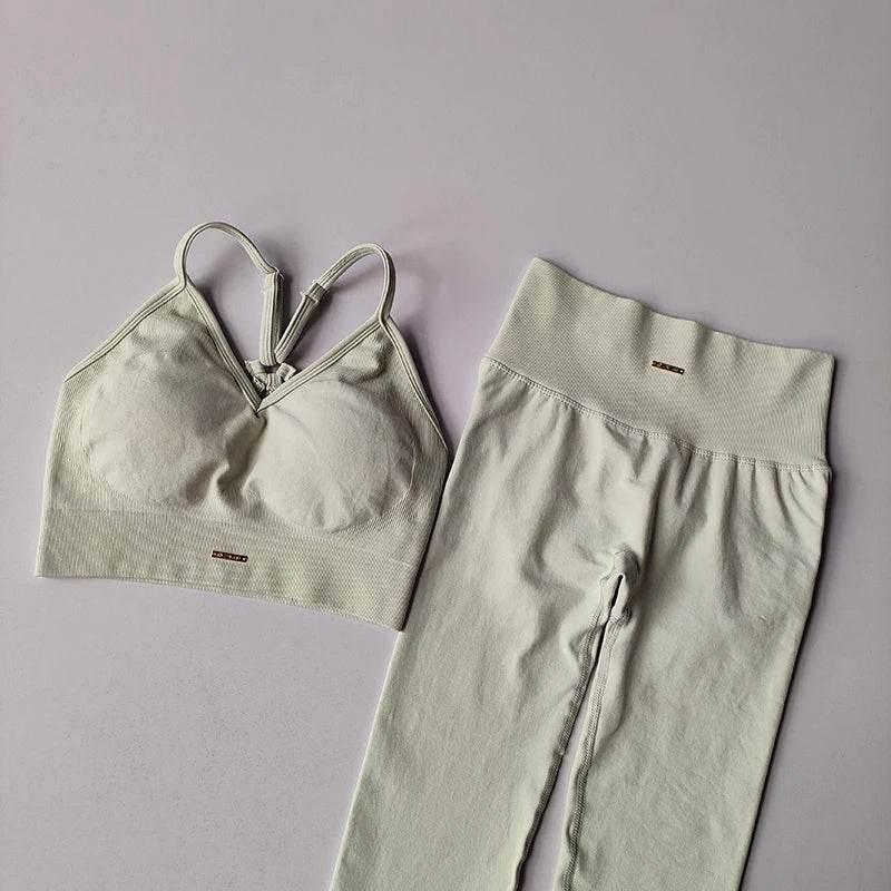 Seamless Hip Lifting Fitness Set Women's V-neck Bra Leggings Yoga Set Quick Drying Exercise Iron Massage High Fat Tight Pants - Empire P.E
