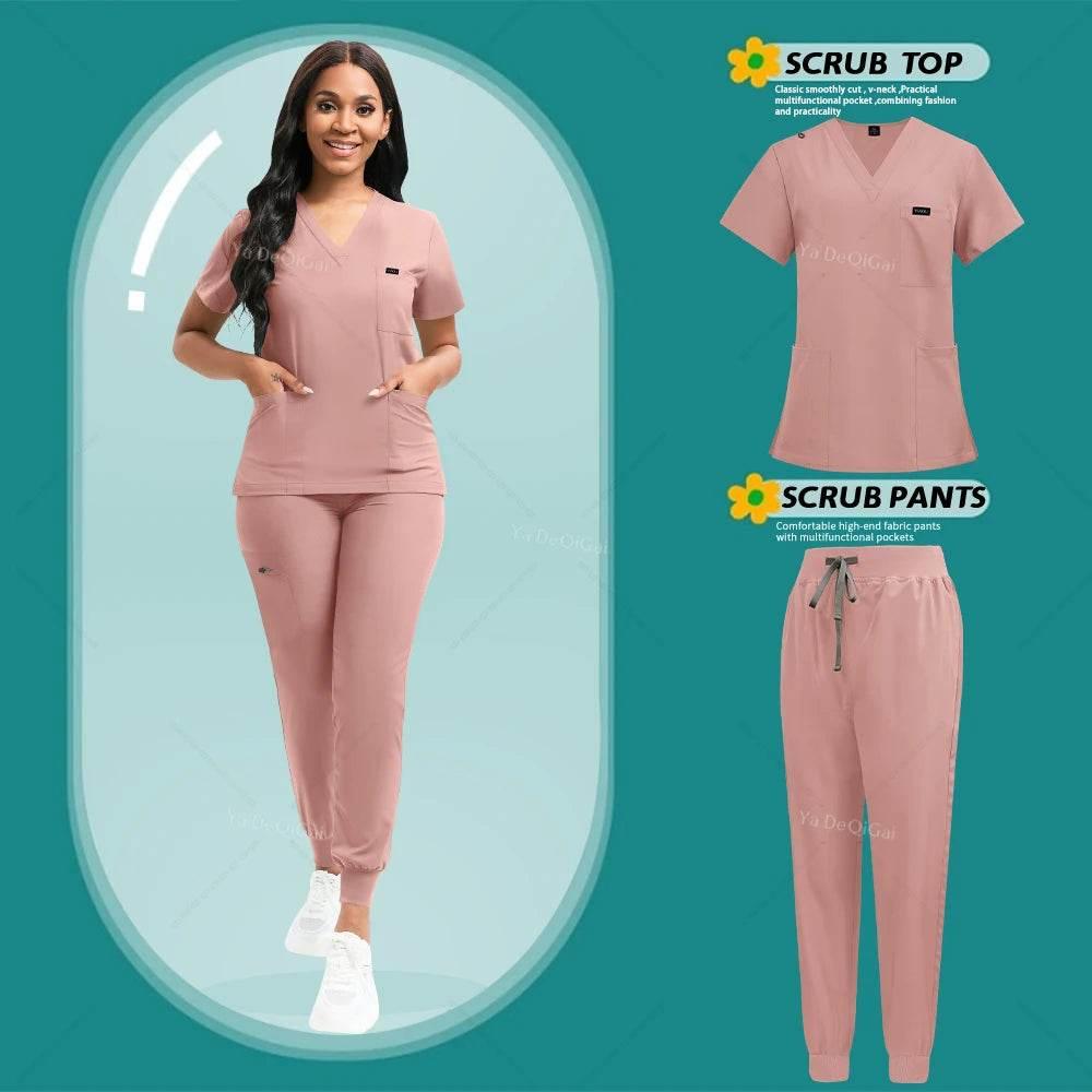 Stretch Scrubs Women Set Nursing Uniforms Clinical Scrubs Set Nurse Doctor Dustproof Workwear Medical Scrubs Top+ Jogger Pants - Empire P.E