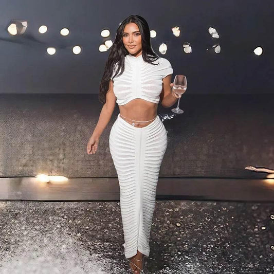 Sexy Knitted Striped 2 Piece Sets Women Outfit Y2K Clothes Birthday Sheer Crop Top and Long Skirt Set Elegant Night Club Outfits - Empire P.E