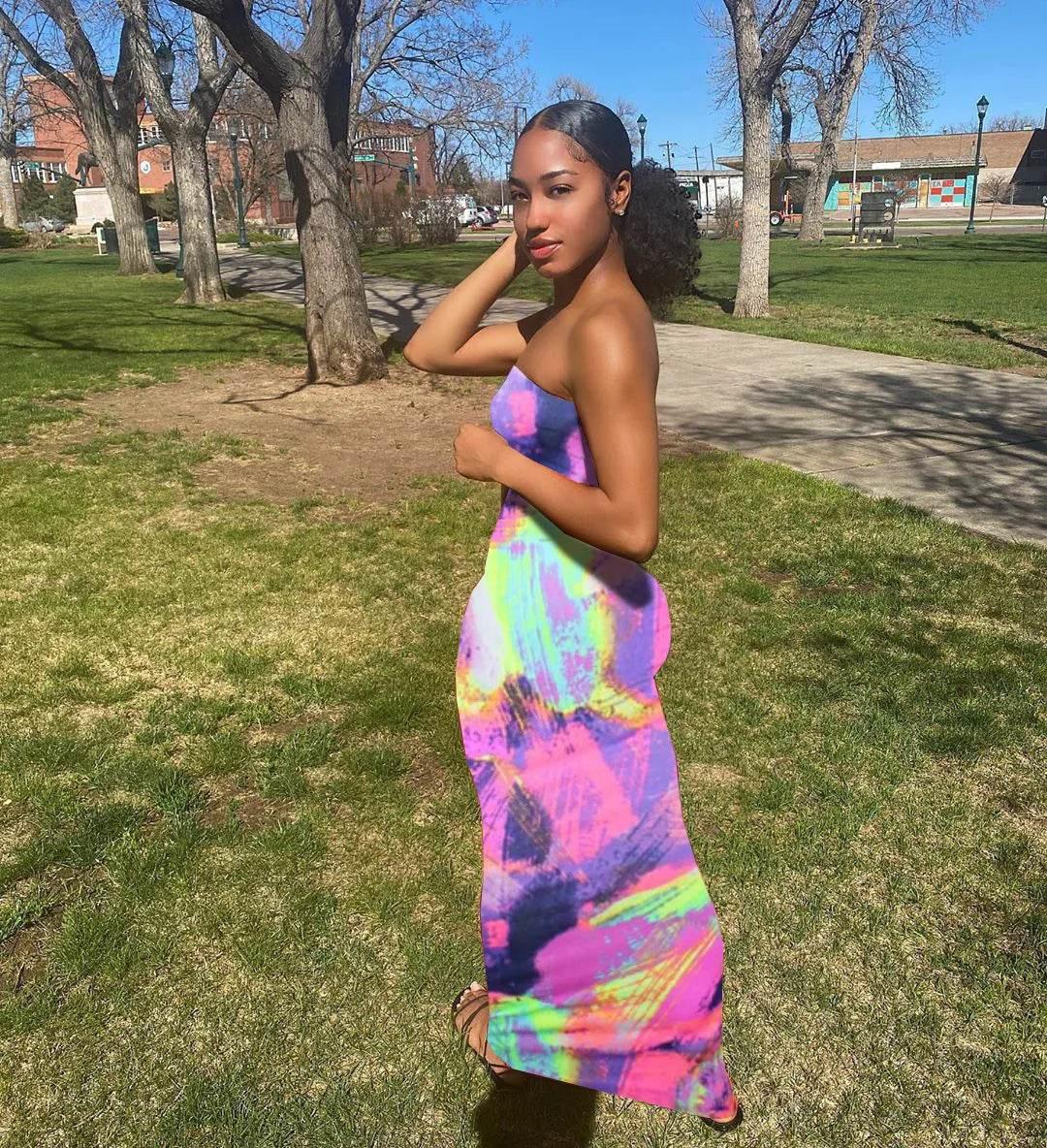 Spring And Summer Dresses For Women Chest Wrap Printed Off Shoulder Bandage Slim Sexy Long Dress 2023 New Fashion party MsChuh - Empire P.E