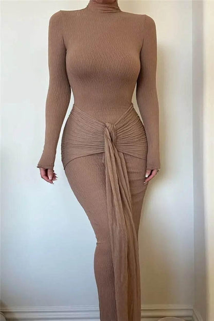 Mozision Elegant Long Sleeve Sexy Maxi Dress For Women Gown Fashion Drape Turtleneck Ruched Bodycon Club Party Long Dress - Empire P.E