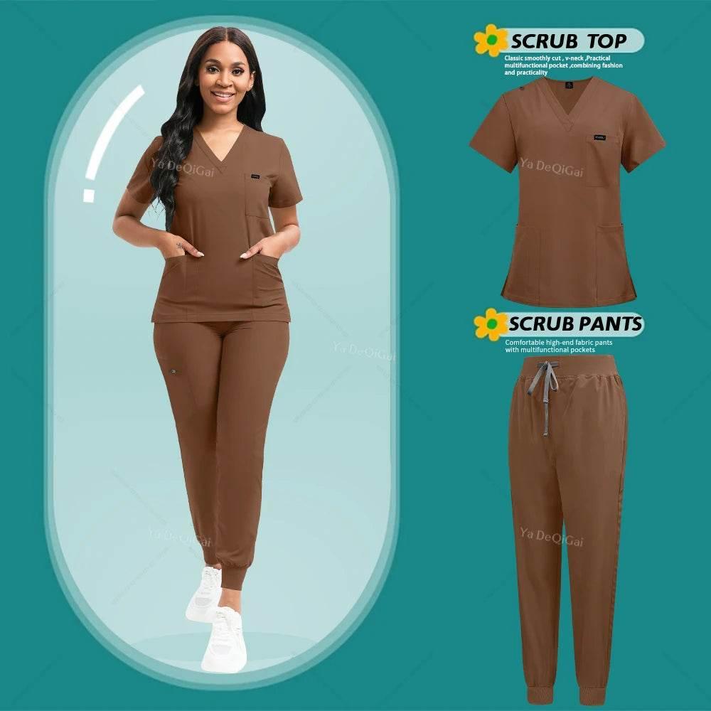 Stretch Scrubs Women Set Nursing Uniforms Clinical Scrubs Set Nurse Doctor Dustproof Workwear Medical Scrubs Top+ Jogger Pants - Empire P.E