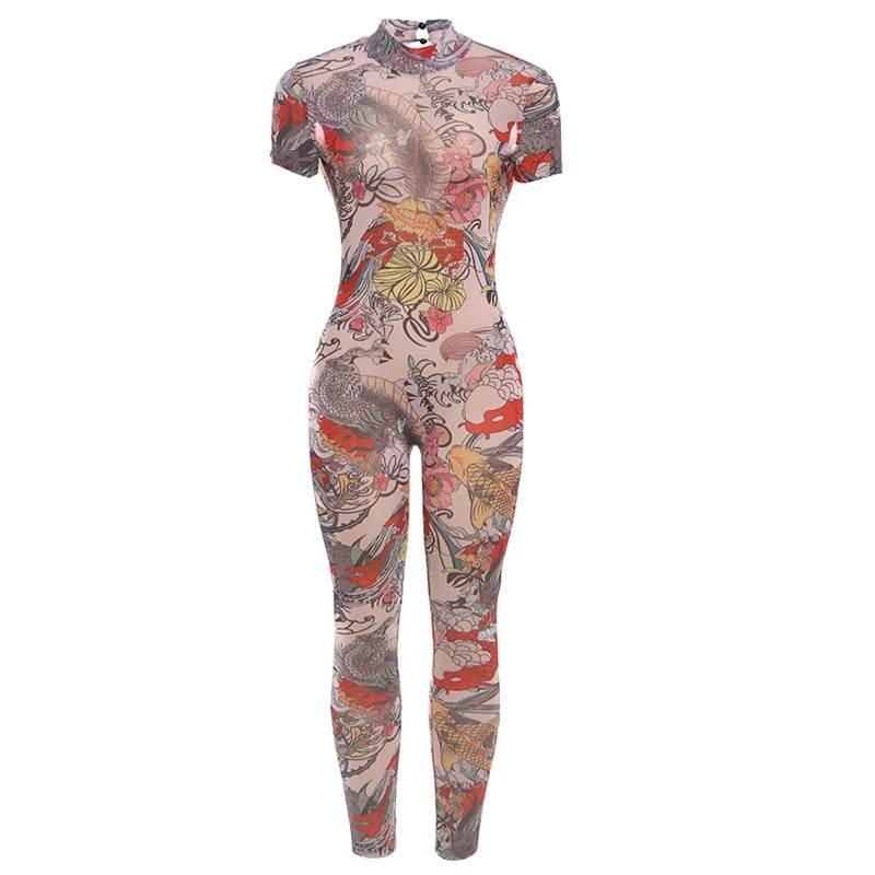 Weird Puss See Through Jumpsuit Women Backless Dragon Print Short Sleeve Fitness Activity Workout Overalls Slim Stretch Clubwear - Empire P.E