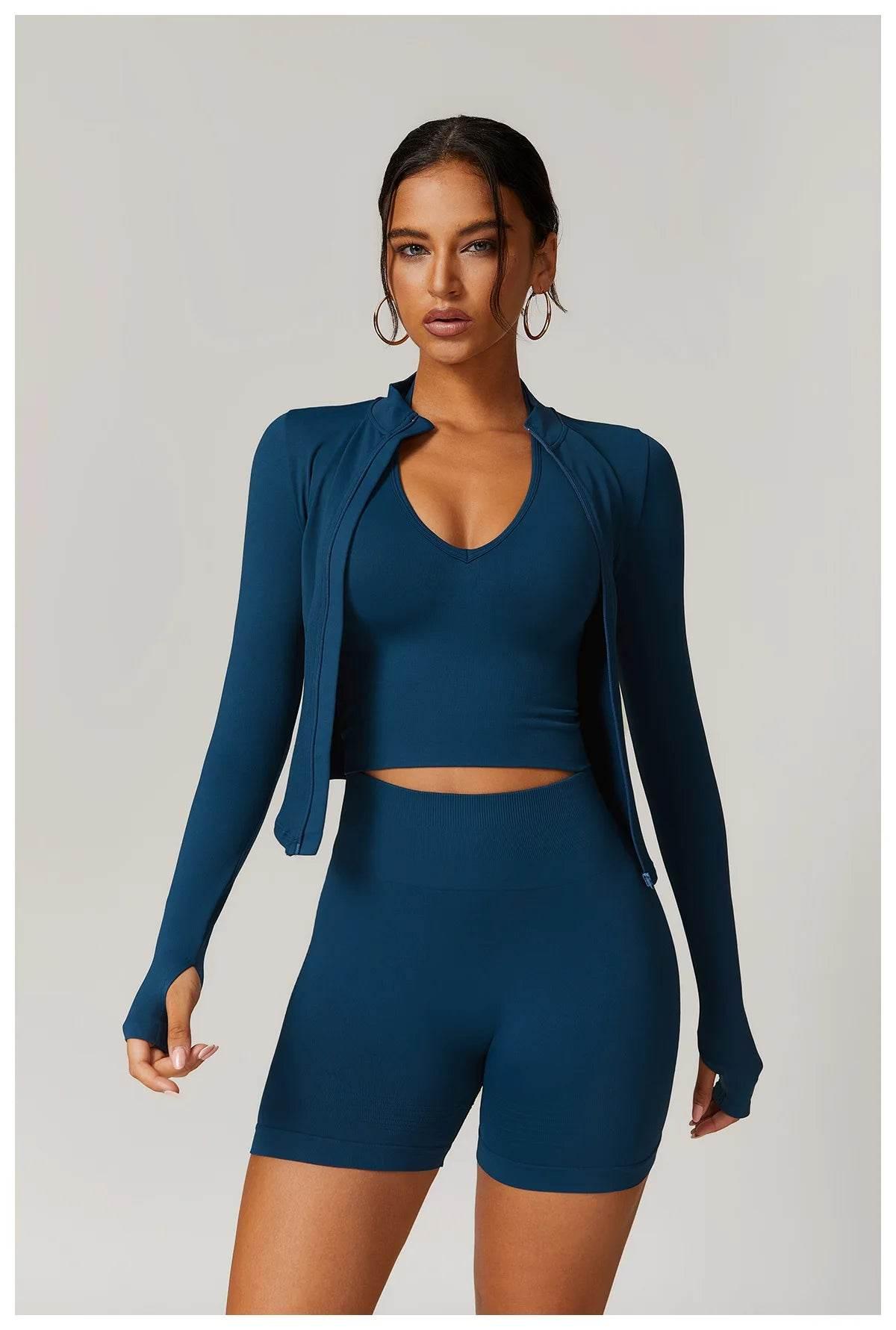 Women Seamless Zipper Jacket Yoga Long Sleeved Gym Top Ribbed Yoga Stand Collar Jacket Running Workout Sport Coat Women's Shirts - Empire P.E