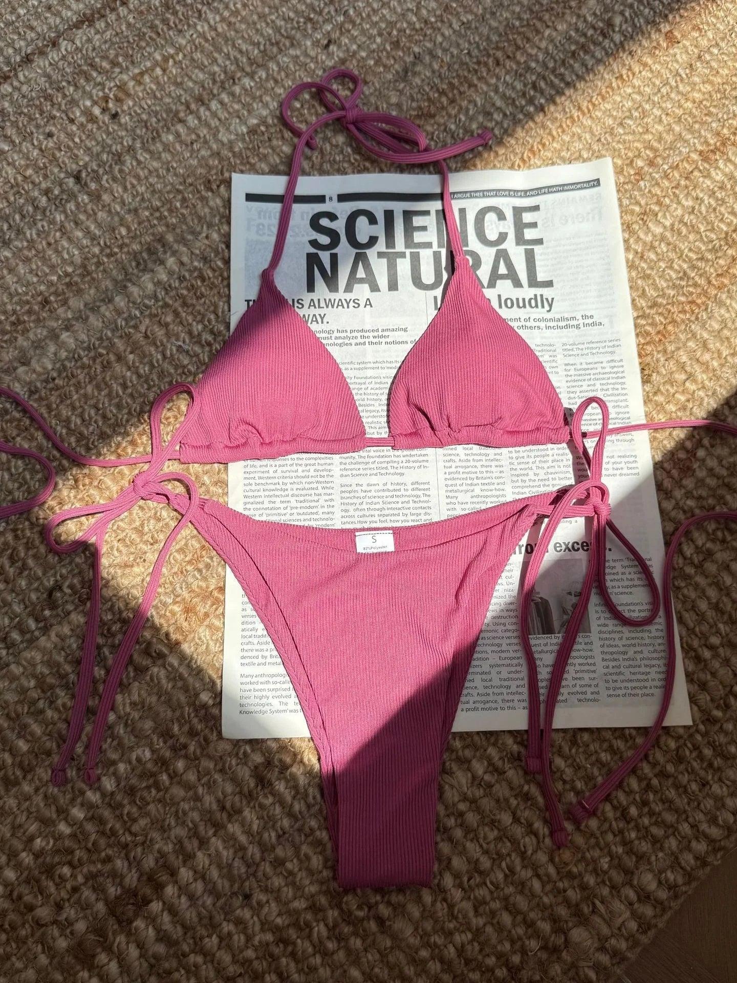 Women Solid Halter Push Up Bra Tie Side Triangle Swimsuit - Empire P.E