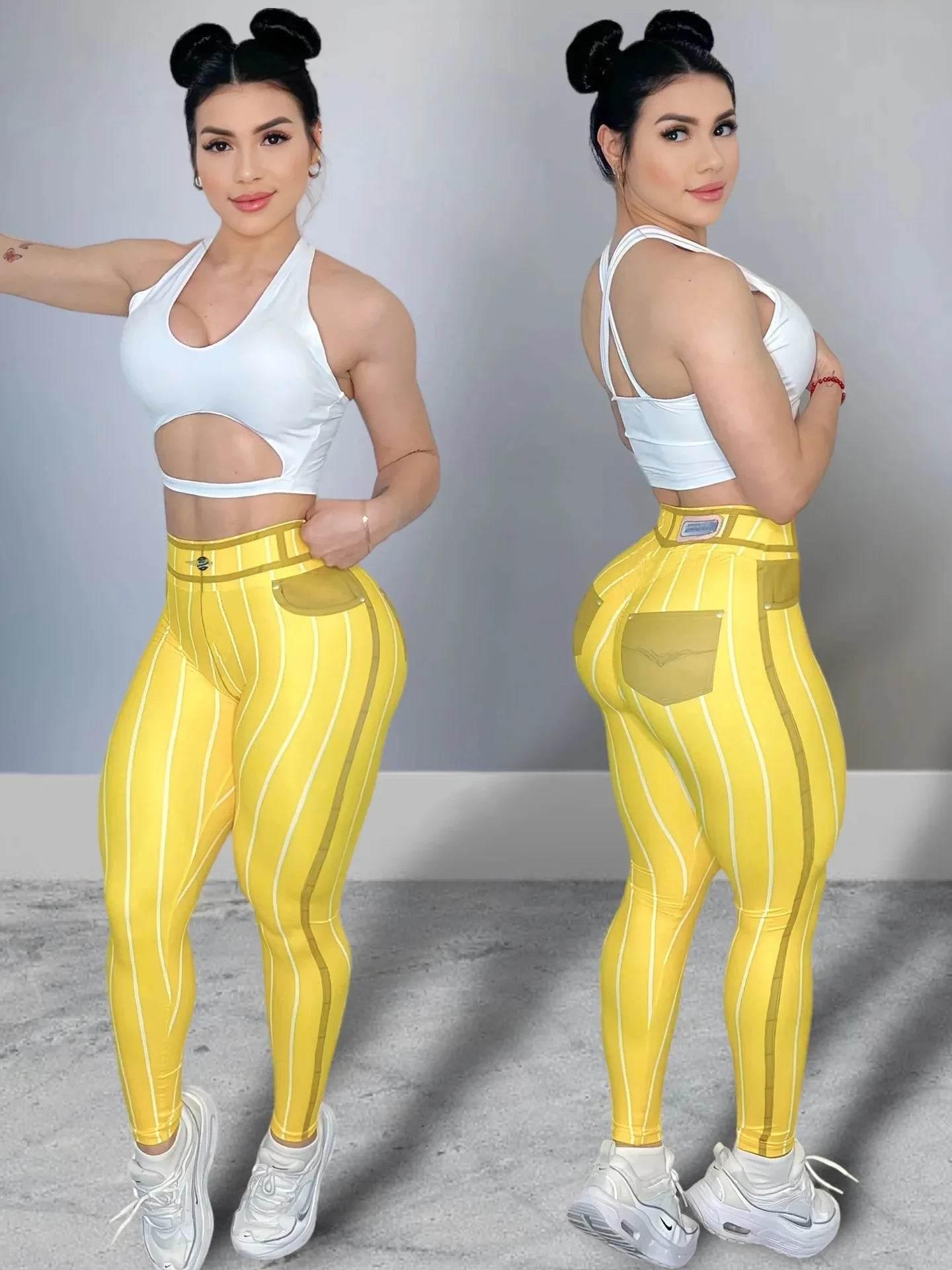 Women High Waist Sports Leggings Stripe Print Stretchable Yoga Pants Sexy Tight Fitness Workout Gym Push Up Causal Pant - Empire P.E