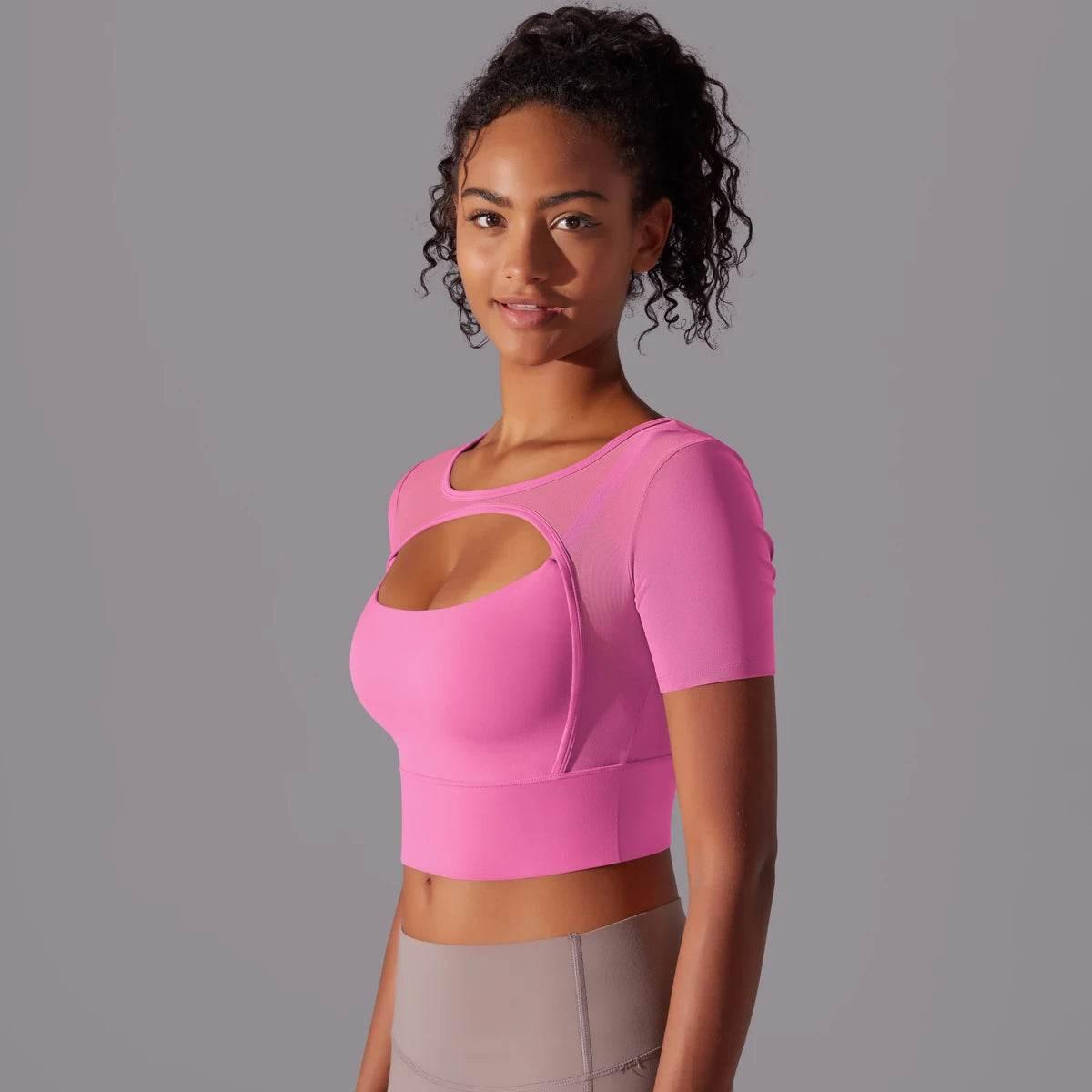 Solid Color Yoga Short Sleeve Sexy Double Layer Yoga Tank Top Spliced Mesh Yoga Clothing Top Fitness Running Sports Bra Women - Empire P.E