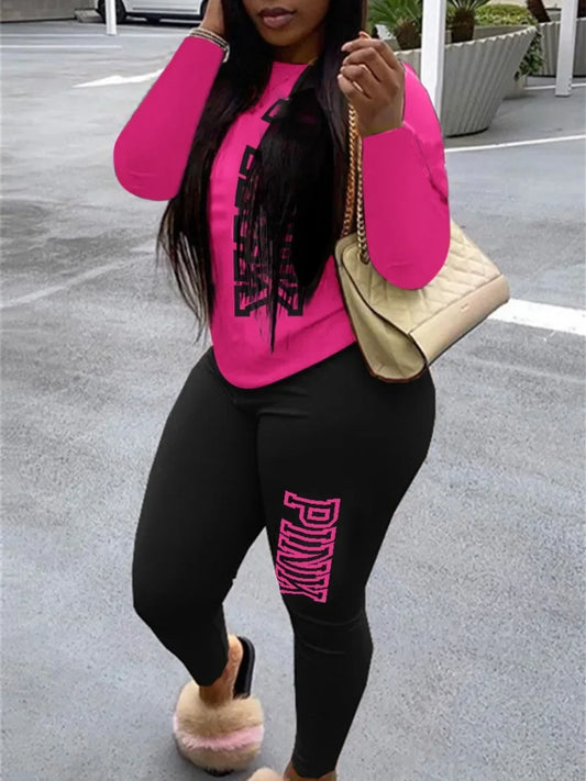 LW Fashion Women Autumn&Winter Pink Letter Print Hoodies 2 Pieces Set - Empire P.E