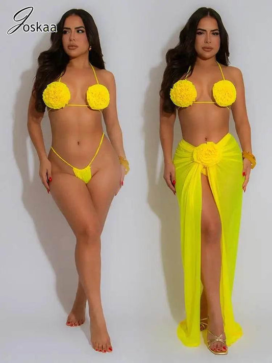 Joskaa Sexy Beach Style Bikini 3 Piece Set Women 3D Flower Halter Bra+Briefs+Sheer Mesh Maxi Skirt Matched 2025 - Empire P.E