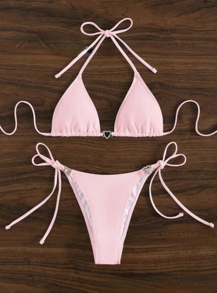 Women's Solid Bikini with Crystal Heart Front and Waist Sexy Halter Swimsuit