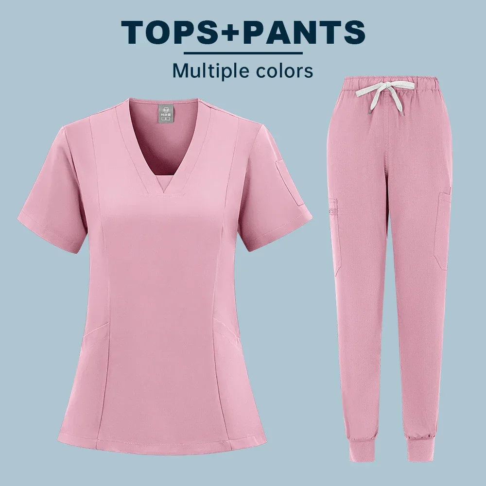 Two-piece Scrubs set Short Sleeve V Neck Pockets Drawstring Jogger Pants - Empire P.E