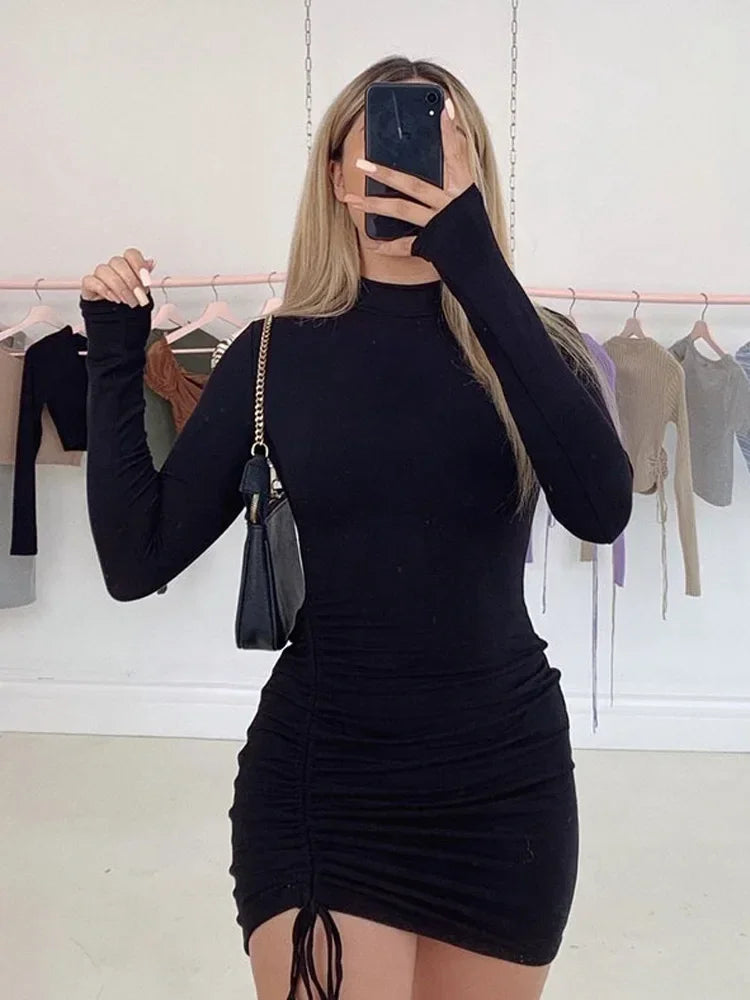 Long Sleeve Ruched Bodycon Dress Women Turtleneck Bandage Mini Dresses Autumn Black Skinny Stretchy Party Vestidos - Empire P.E