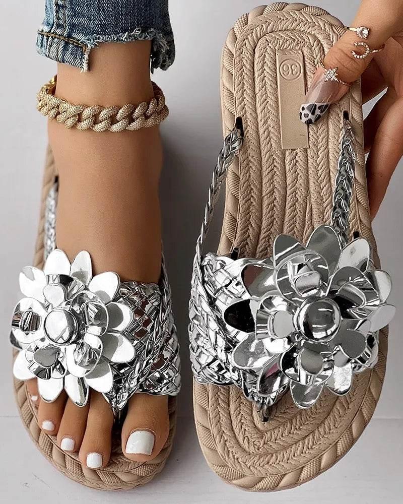 Slippers Women Ombre Floral Pattern Braided Casual Shoes Vacation Flat Holographic Braided Floral Pattern Toe Beach Flip Flops - Empire P.E