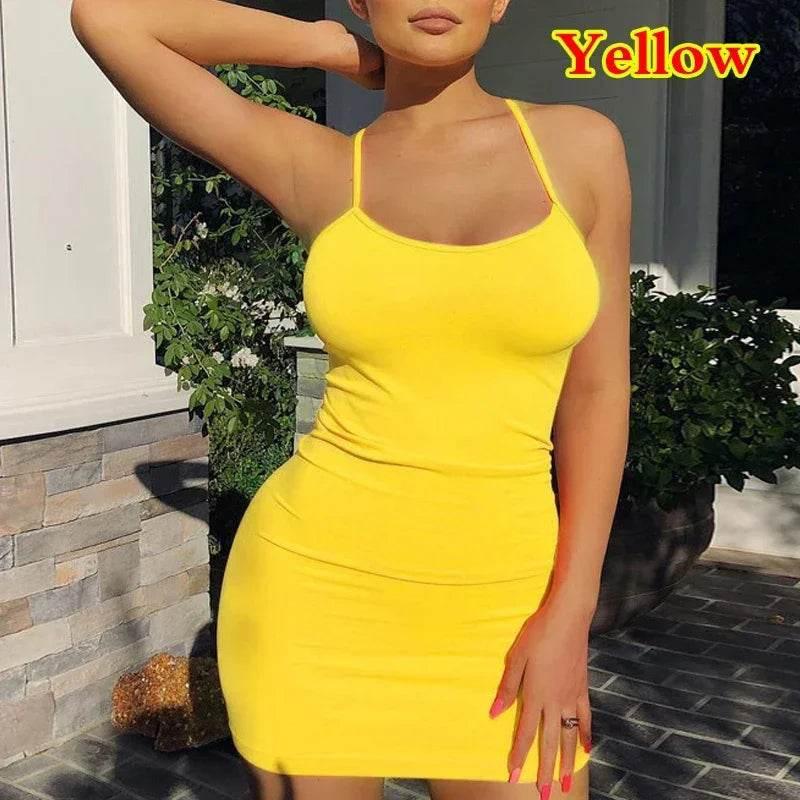 Summer Spaghetti Strap Mini Dress 2024 Women Sexy Bodycon Club Party Dresses Short Female Camisole Solid Black Sheath Sundress - Empire P.E