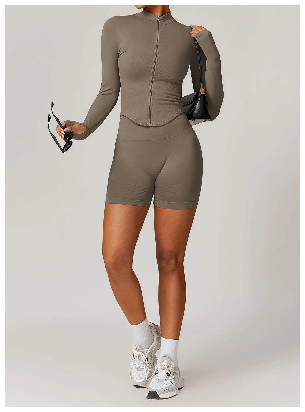 Women Seamless Zipper Jacket Yoga Long Sleeved Gym Top Ribbed Yoga Stand Collar Jacket Running Workout Sport Coat Women's Shirts - Empire P.E