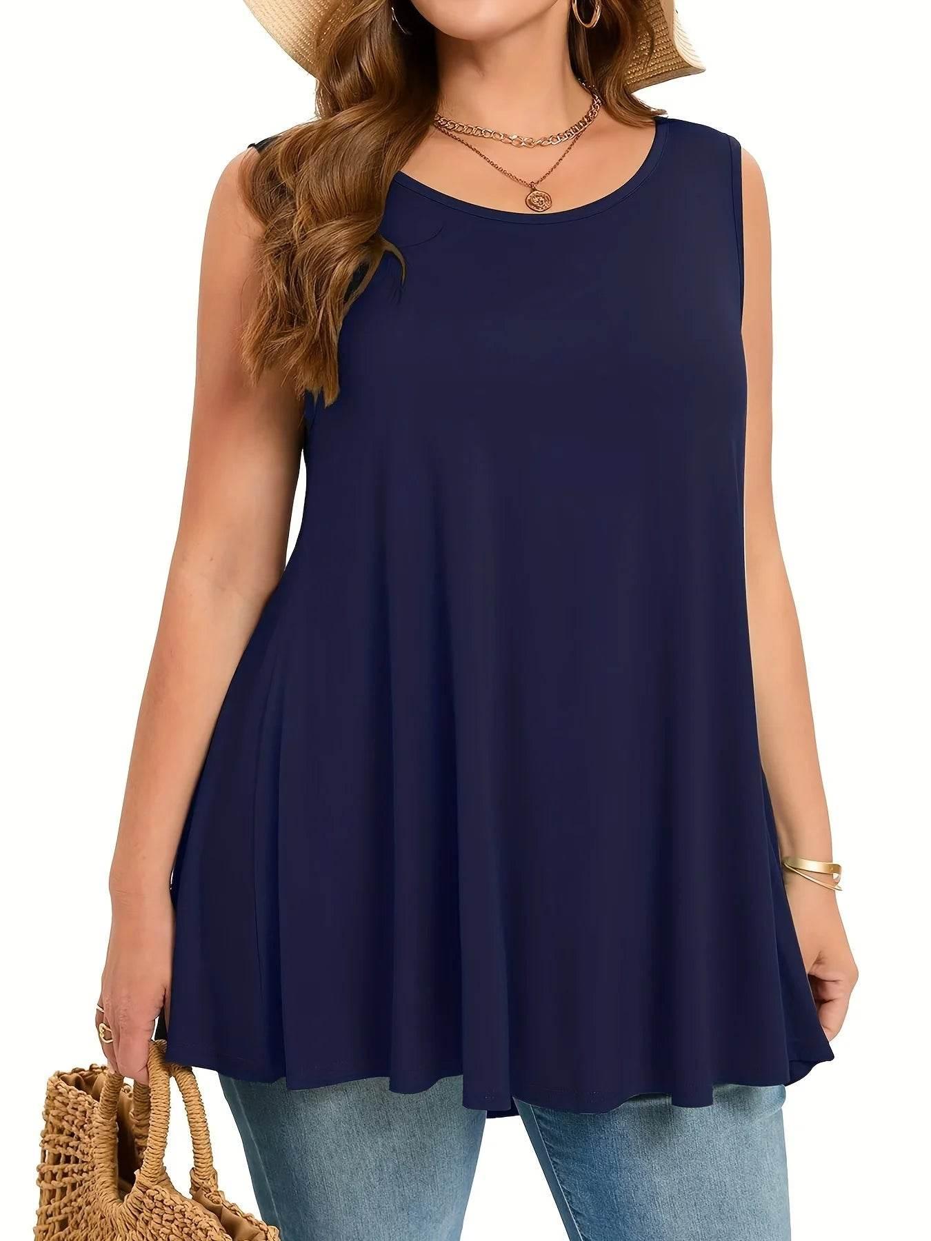 Plus Size Simple Solid Tank Top Casual Crew Neck Sleeveless Tank Top - Empire P.E