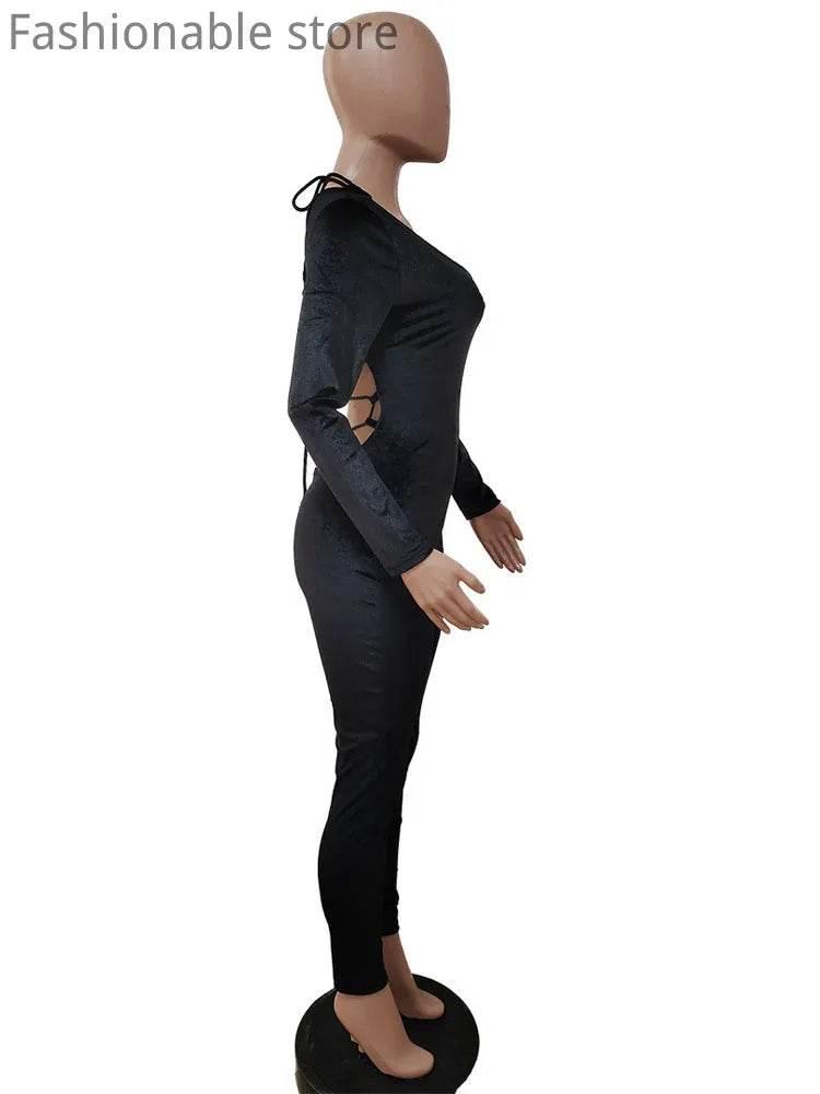Women Sexy Velvet Lace-up Long Sleeve Backless Skinny Jumpsuit - Empire P.E