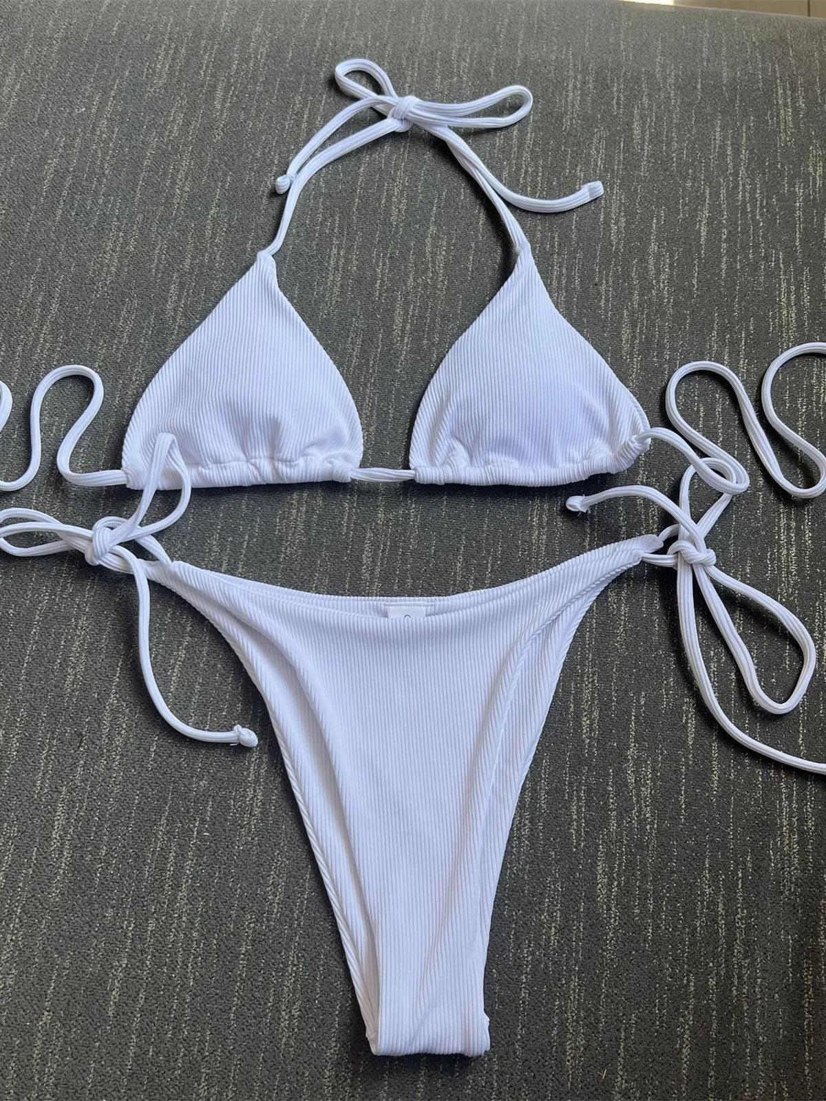 Women Solid Halter Push Up Bra Tie Side Triangle Swimsuit - Empire P.E