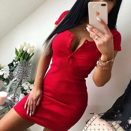 Summer Dress Fall Women Sexy Casual Knit Sheath Mini Dresses Ladies Solid V Neck Chest Button Short Sleeve Bodycon Dress - Empire P.E