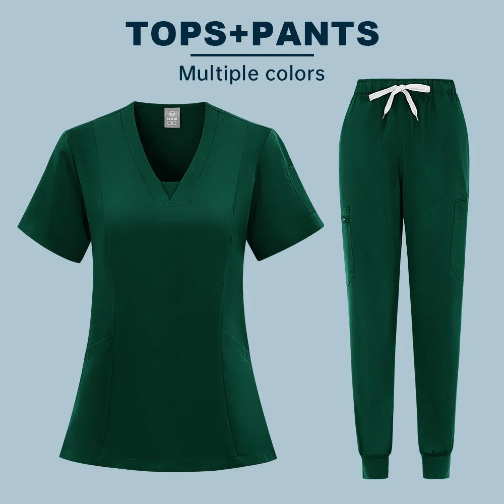 Two-piece Scrubs set Short Sleeve V Neck Pockets Drawstring Jogger Pants - Empire P.E