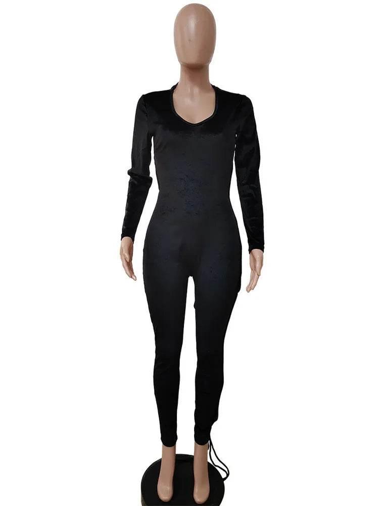 Women Sexy Velvet Lace-up Long Sleeve Backless Skinny Jumpsuit - Empire P.E