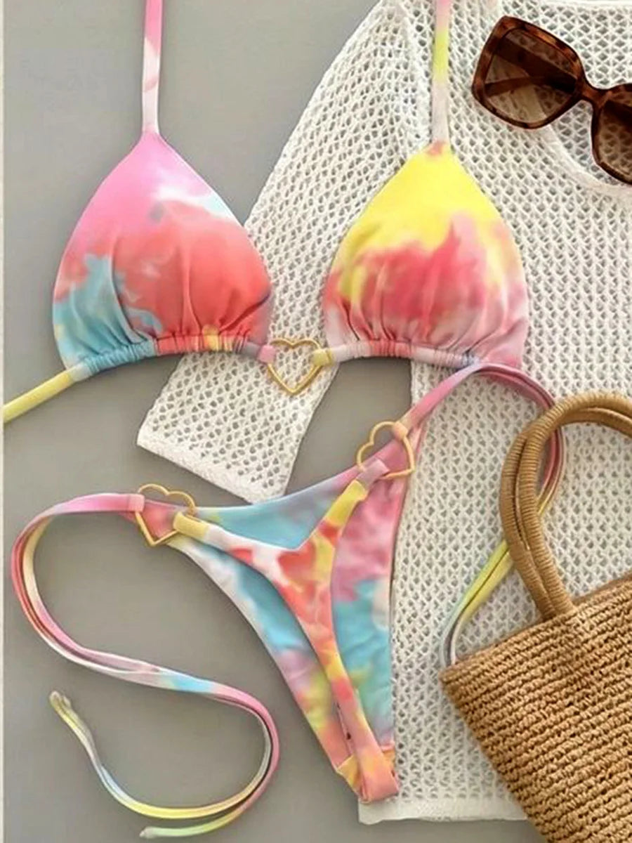 Metal Heart-shaped Halter Mini Micro Thong Bikini