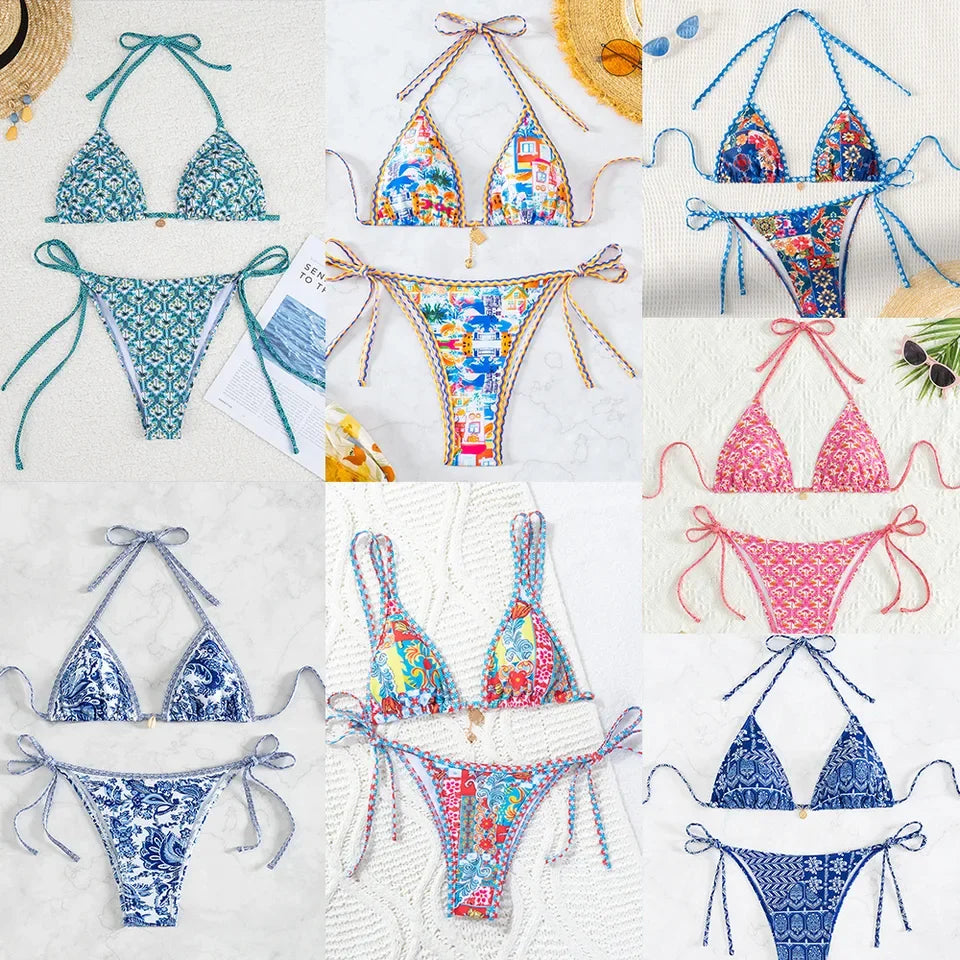 2026 new European and American triangle cup printed sexy bikini split swimsuit