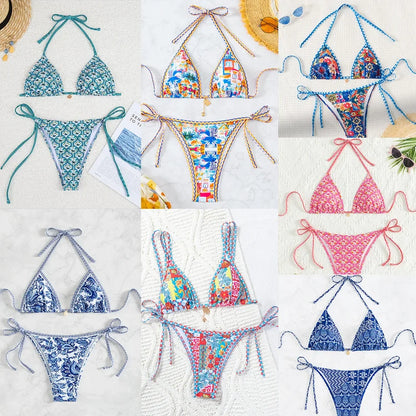 2026 new European and American triangle cup printed sexy bikini split swimsuit
