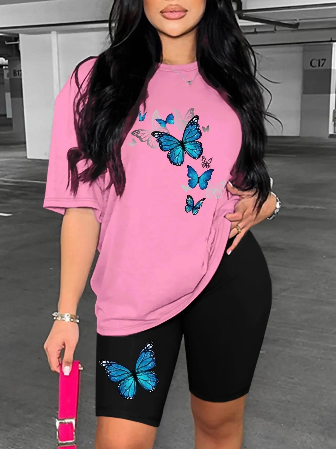 Conjuntos Para Mujeres 2 Piezas Women's Butterfly Printed Two-piece Set, Short Sleeved T-shirt, Round Neck, Shorts, Summer - Empire P.E