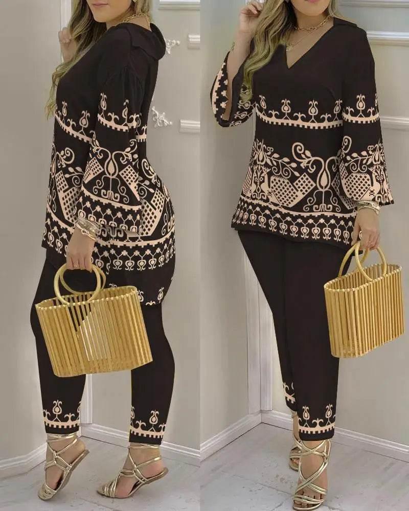 Women Print V Neck Tops Pant Sets Full Sleeve Pullover Two Piece Suit Elastic Waist Trousers Splice Shirts Autumn Regular Fit - Empire P.E
