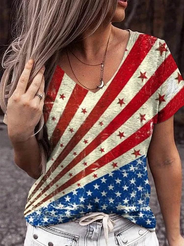 American Flag 3d Print T-shirt Women Fashion V-Neck T-shirts Short Sleeve Tops Tees Loose Casual Tees Vintage Camisetas USA Flag - Empire P.E
